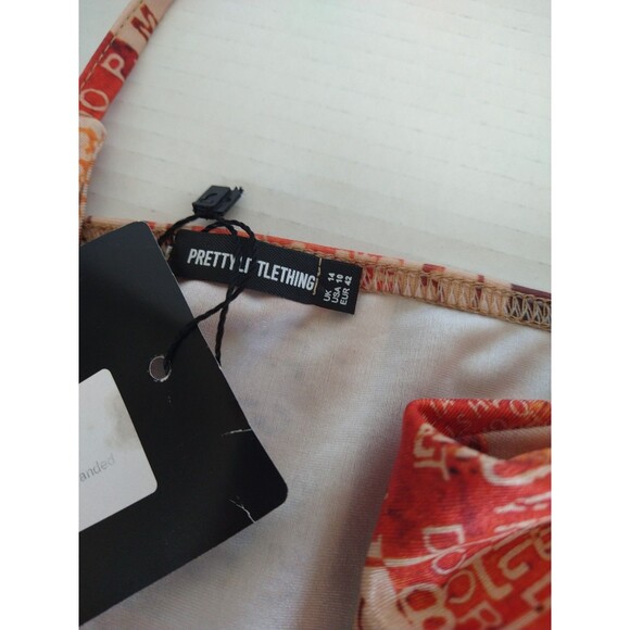 NWT Pretty Little Thing Bikini Top 10 Bottom 8 orange newspaper print ruched tie - Picture 5 of 12